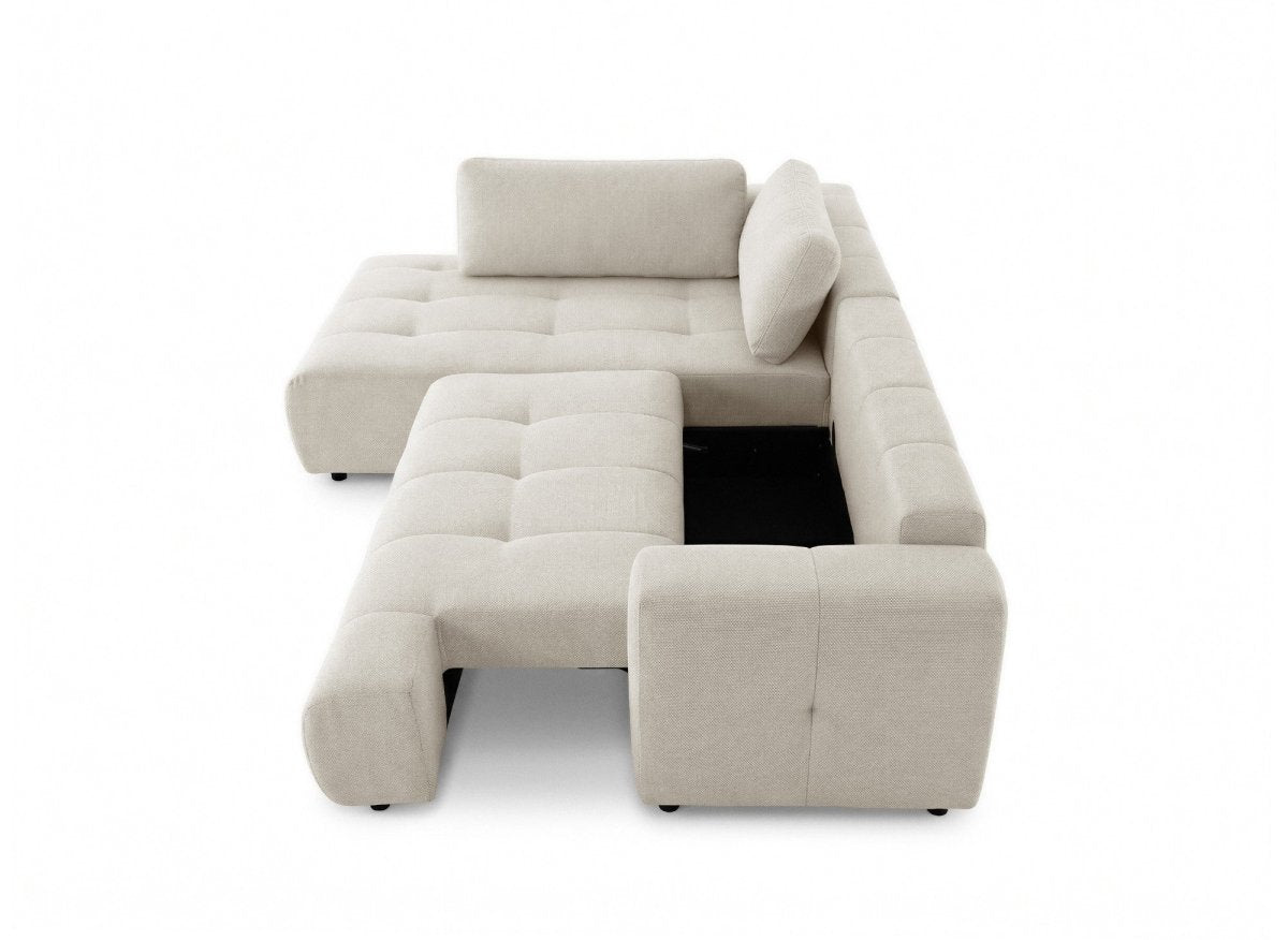 Canapé d'angle convertible avec coffre en tissu beige HAVEN - Angle gauche - DécoInParis