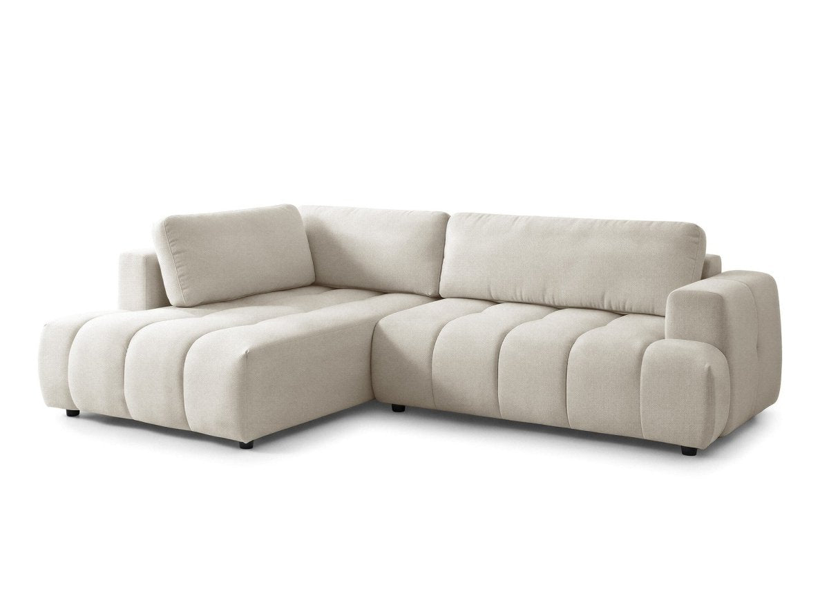 Canapé d'angle convertible avec coffre en tissu beige HAVEN - Angle gauche - DécoInParis