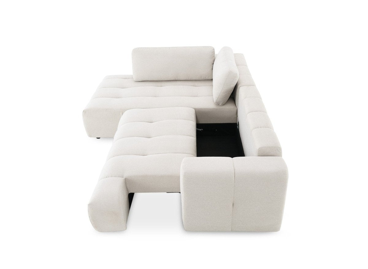 Canapé d'angle convertible avec coffre en tissu beige HAVEN - Angle gauche - DécoInParis