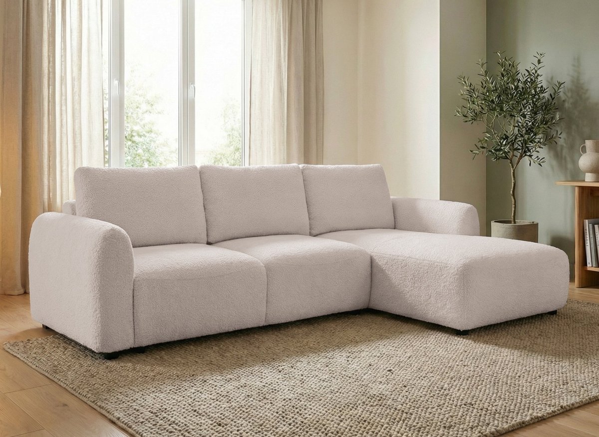 Canapé d'angle convertible avec coffre en tissu bouclette beige MARLA - Angle droit - DécoInParis