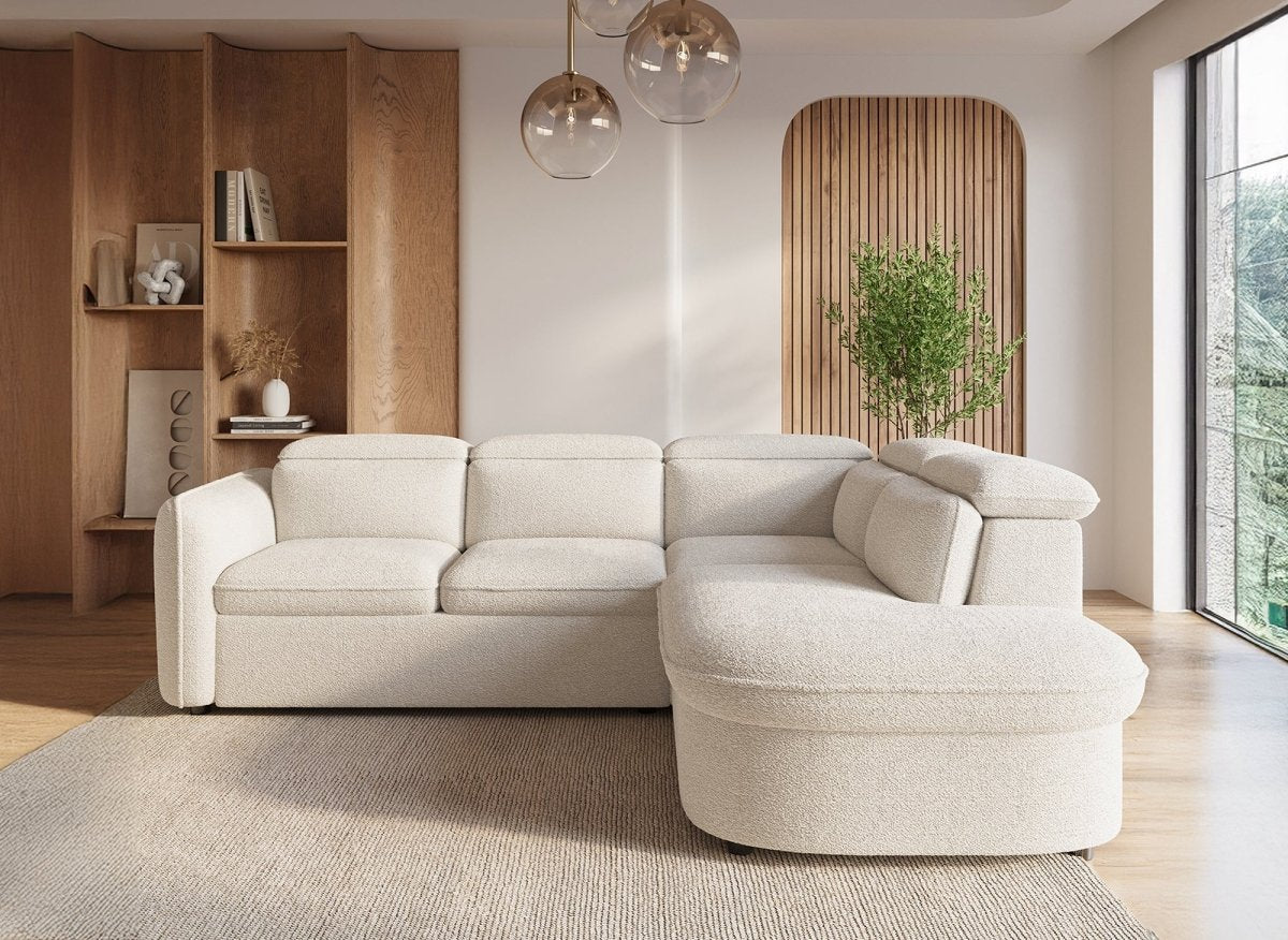 Canapé d'angle convertible avec coffre en tissu bouclette écru BAYA - angle droit - DécoInParis