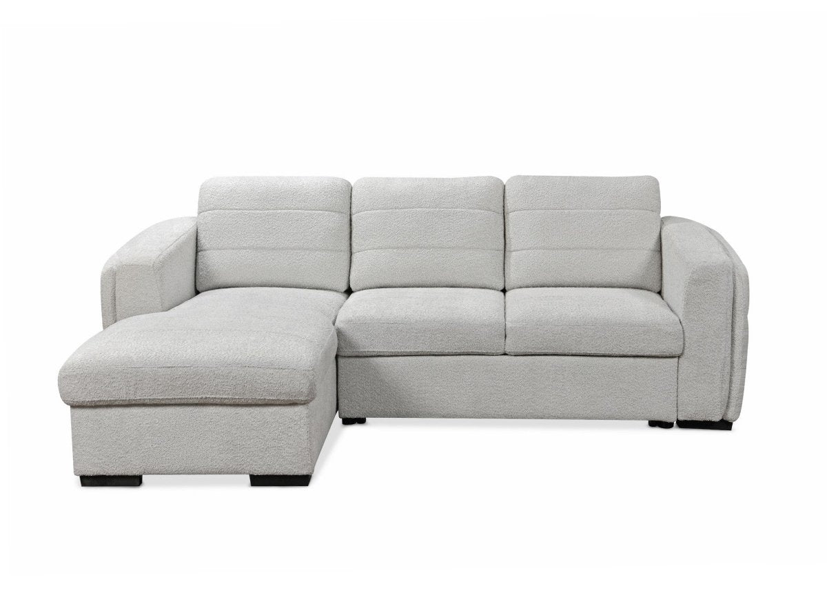 Canapé d'angle convertible avec coffre en tissu bouclette gris clair CALANDRA - Angle gauche - DécoInParis