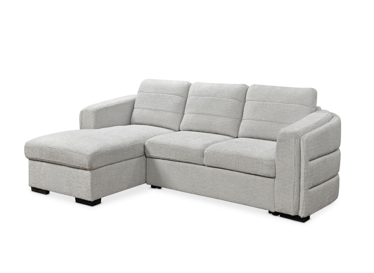 Canapé d'angle convertible avec coffre en tissu bouclette gris clair CALANDRA - Angle gauche - DécoInParis