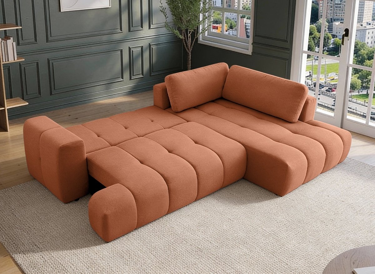 Canapé d'angle convertible avec coffre en tissu terracotta HAVEN - Angle droit - DécoInParis