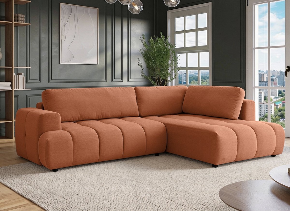 Canapé d'angle convertible avec coffre en tissu terracotta HAVEN - Angle droit - DécoInParis