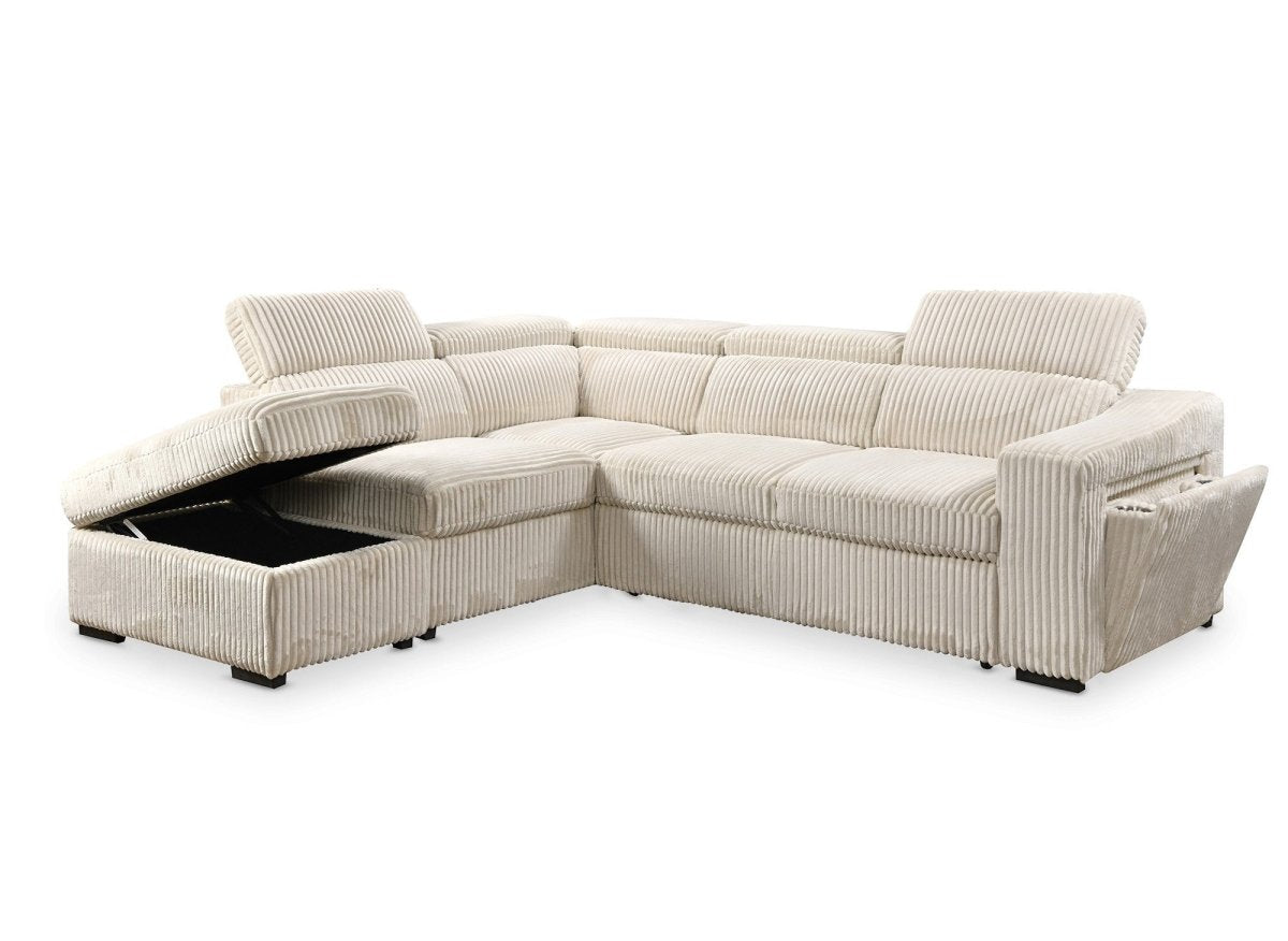 Canapé d'angle convertible avec coffre en velours beige côtelé MARTY - Angle gauche - DécoInParis