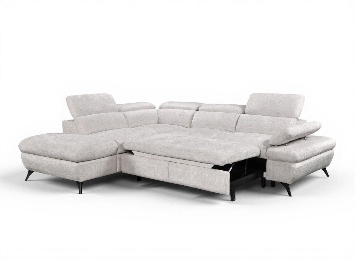 Canapé d'angle convertible avec coffre en velours chiné blanc écru LUFY - Angle gauche - DécoInParis