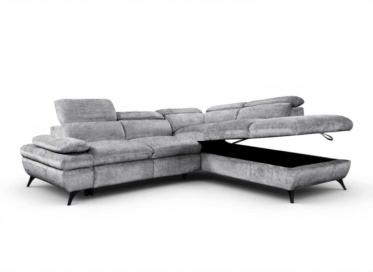 Canapé d'angle convertible avec coffre en velours chiné gris LUFY - Angle droit - DécoInParis