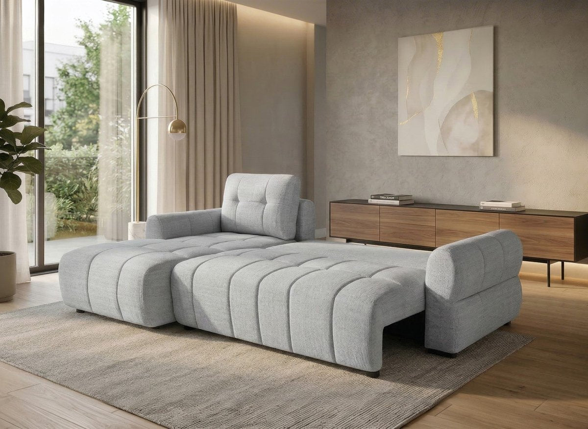 Canapé d'angle convertible avec coffre en velours chiné gris MAHLONE - Angle gauche - DécoInParis