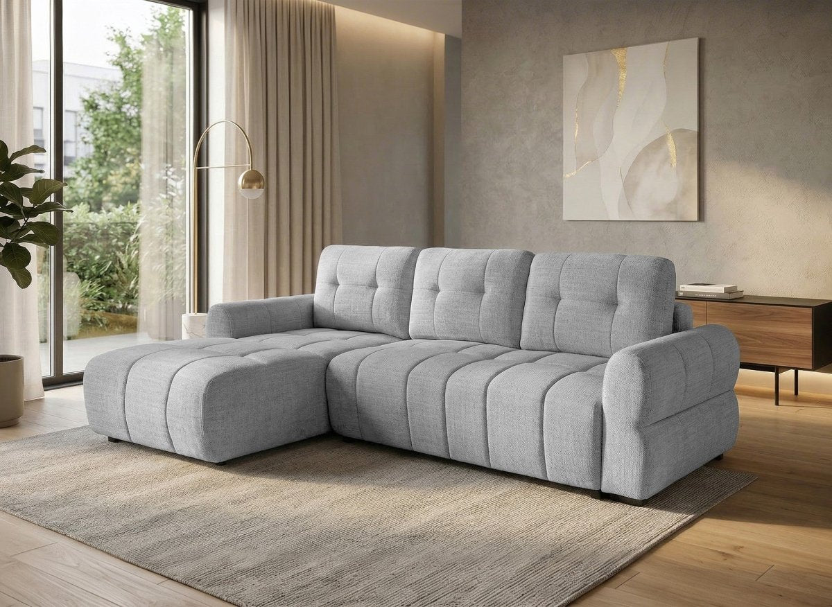 Canapé d'angle convertible avec coffre en velours chiné gris MAHLONE - Angle gauche - DécoInParis