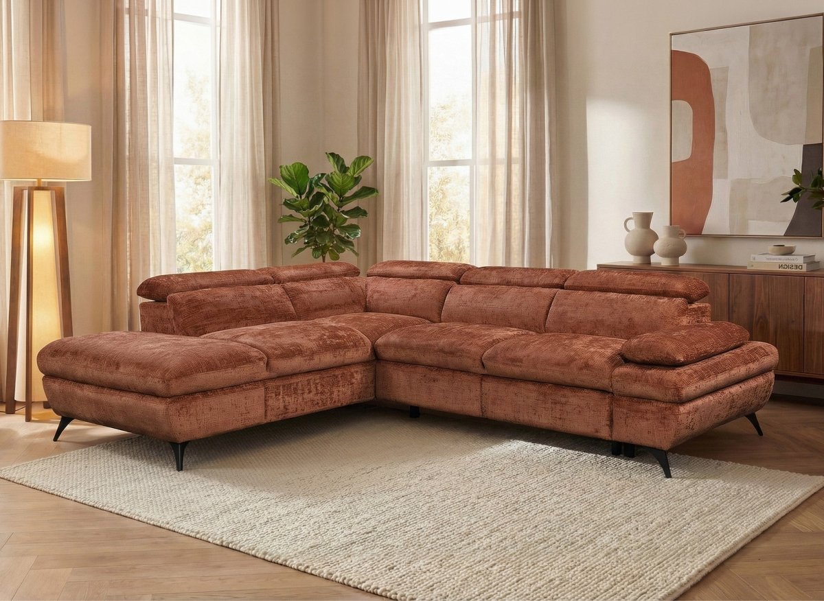 Canapé d'angle convertible avec coffre en velours chiné terracotta LUFY - Angle gauche - DécoInParis