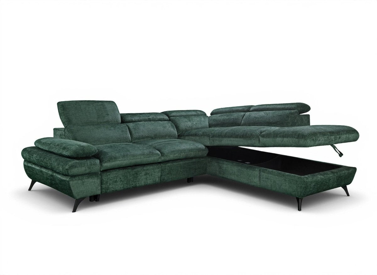Canapé d'angle convertible avec coffre en velours chiné vert LUFY - Angle droit - DécoInParis