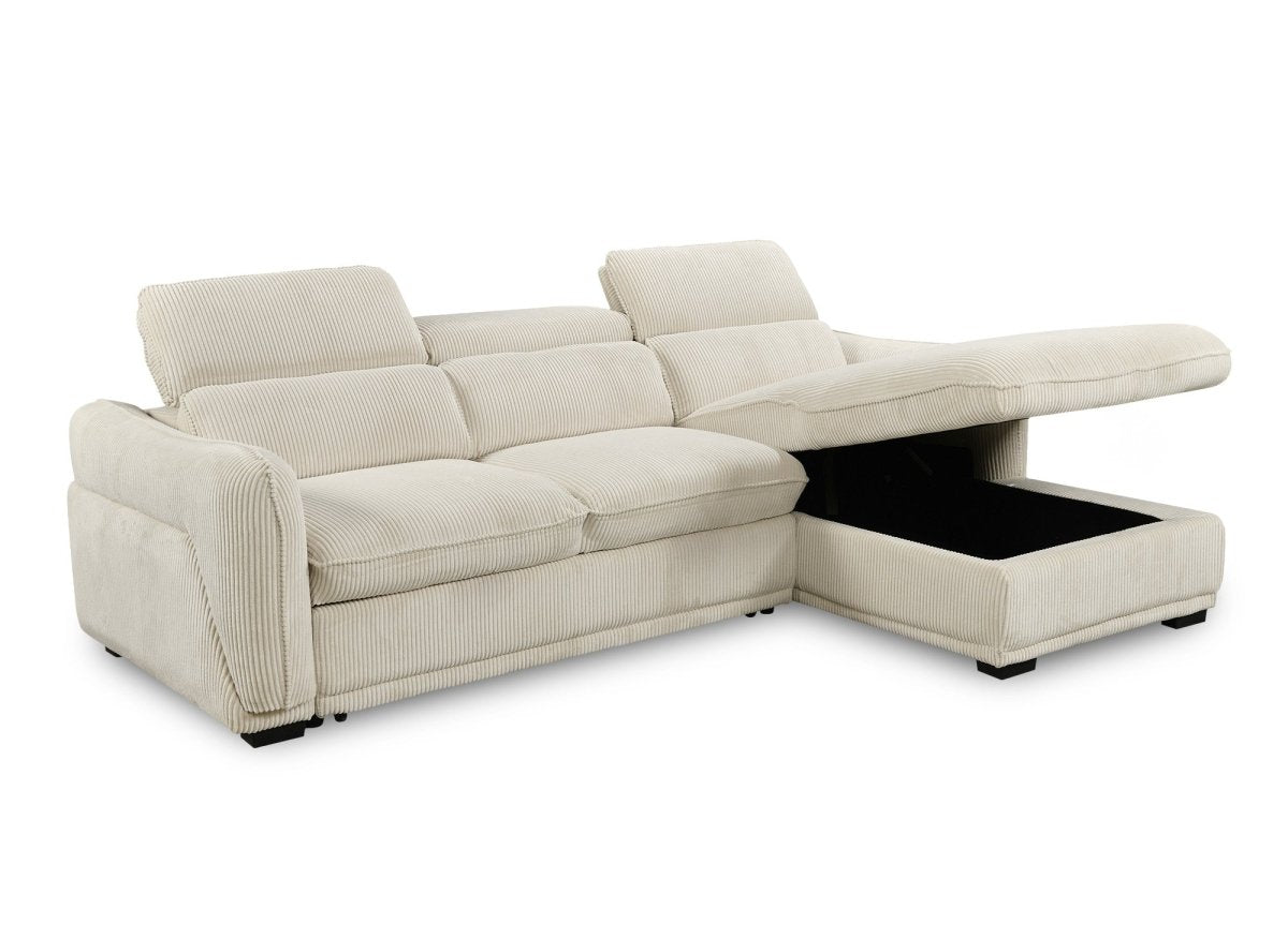 Canapé d'angle convertible avec coffre en velours côtelé épais beige PETUNIA - Angle droit - DécoInParis