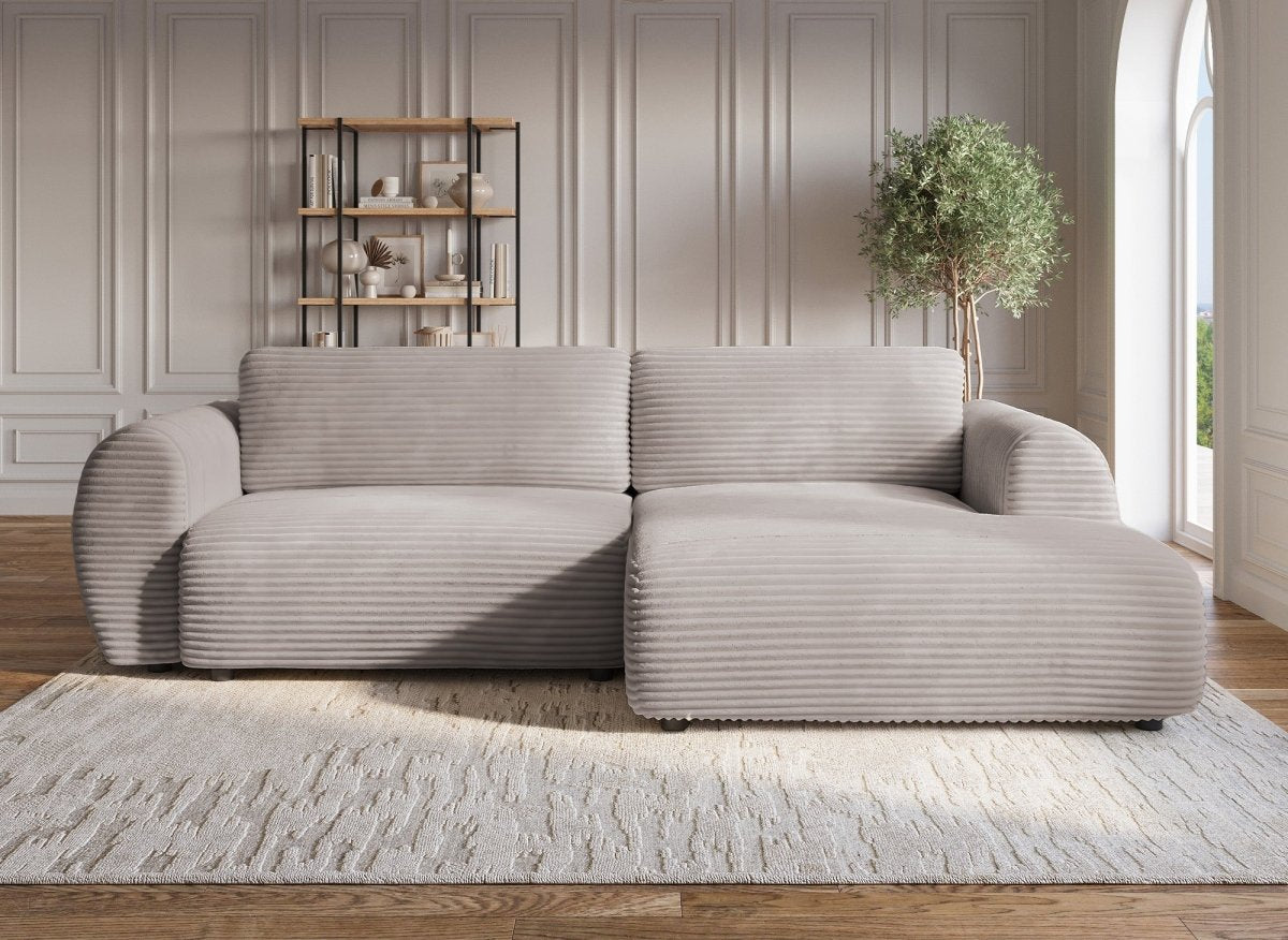 Canapé d'angle convertible avec coffre en velours gros côtelé doux taupe TILDA - Angle droit - DécoInParis