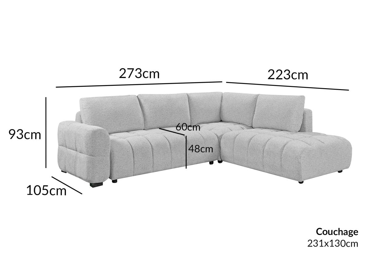 Canapé d'angle convertible avec coffres en velours texturé gris clair NAELIE - Angle droit - DécoInParis