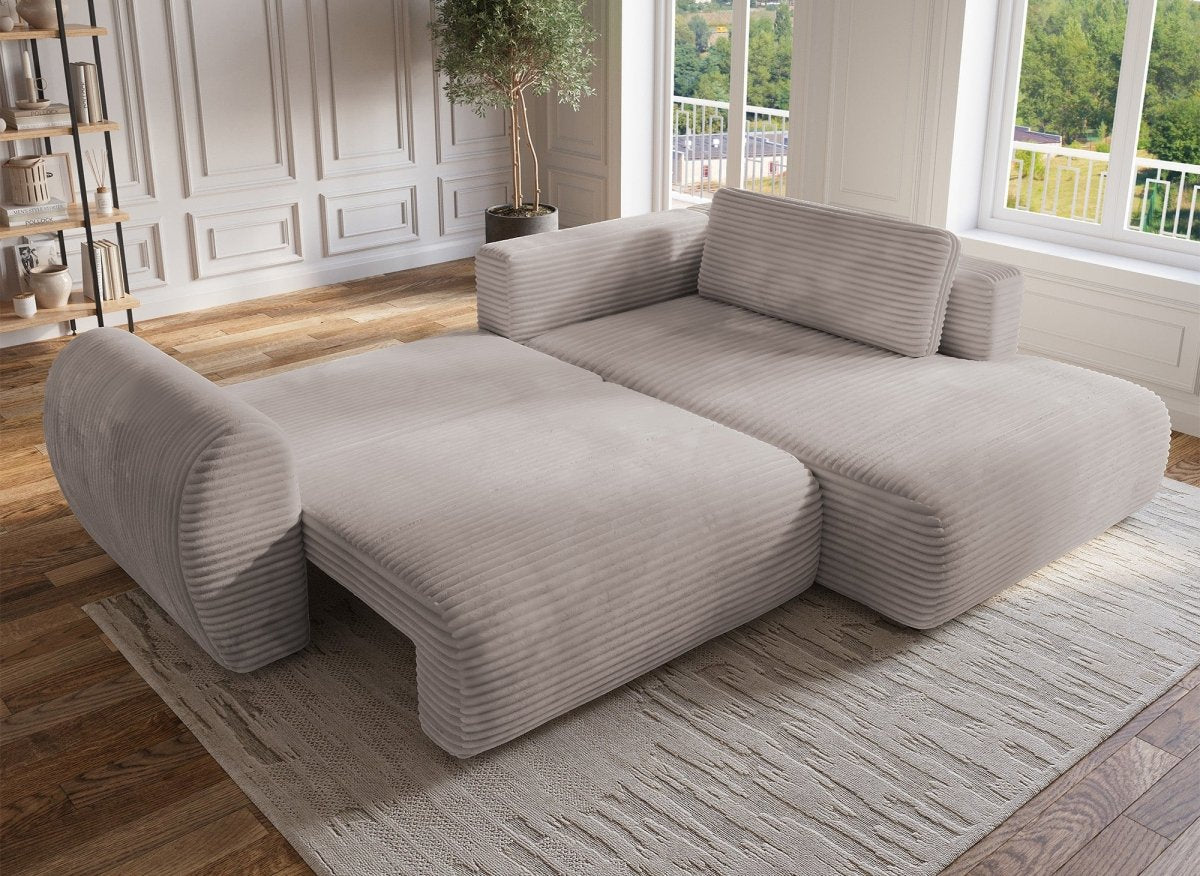 Canapé d'angle convertible avec méridienne et coffre en gros côtelé doux taupe TILDA - Angle droit - DécoInParis