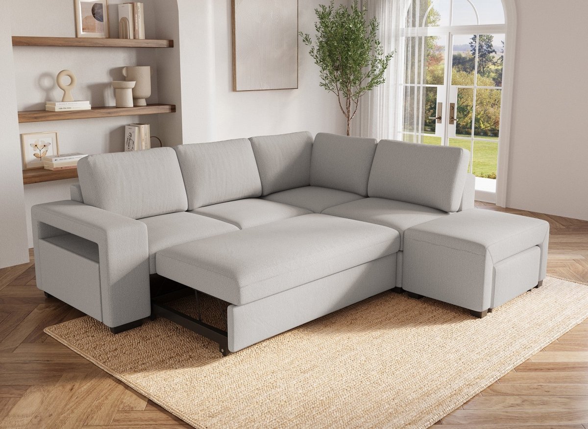 Canapé d'angle convertible en tissu beige ALBAN - Angle droit - DécoInParis