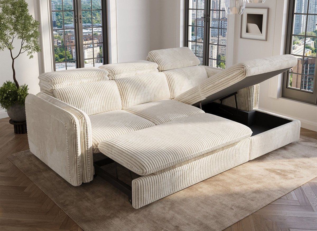 Canapé d'angle convertible en velours côtelé épais beige ISABELLA - Angle droit - DécoInParis