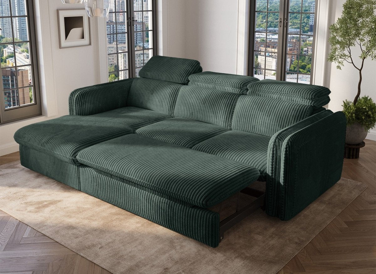 Canapé d'angle convertible en velours côtelé épais vert ISABELLA - Angle gauche - DécoInParis