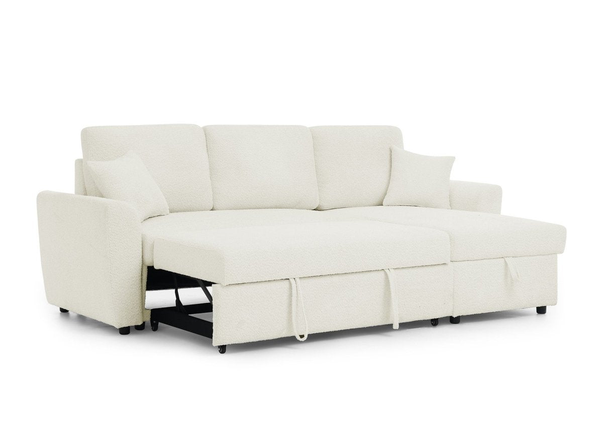 Canapé d'angle convertible et réversible avec coffre en tissu bouclette beige ADRYEN - DécoInParis