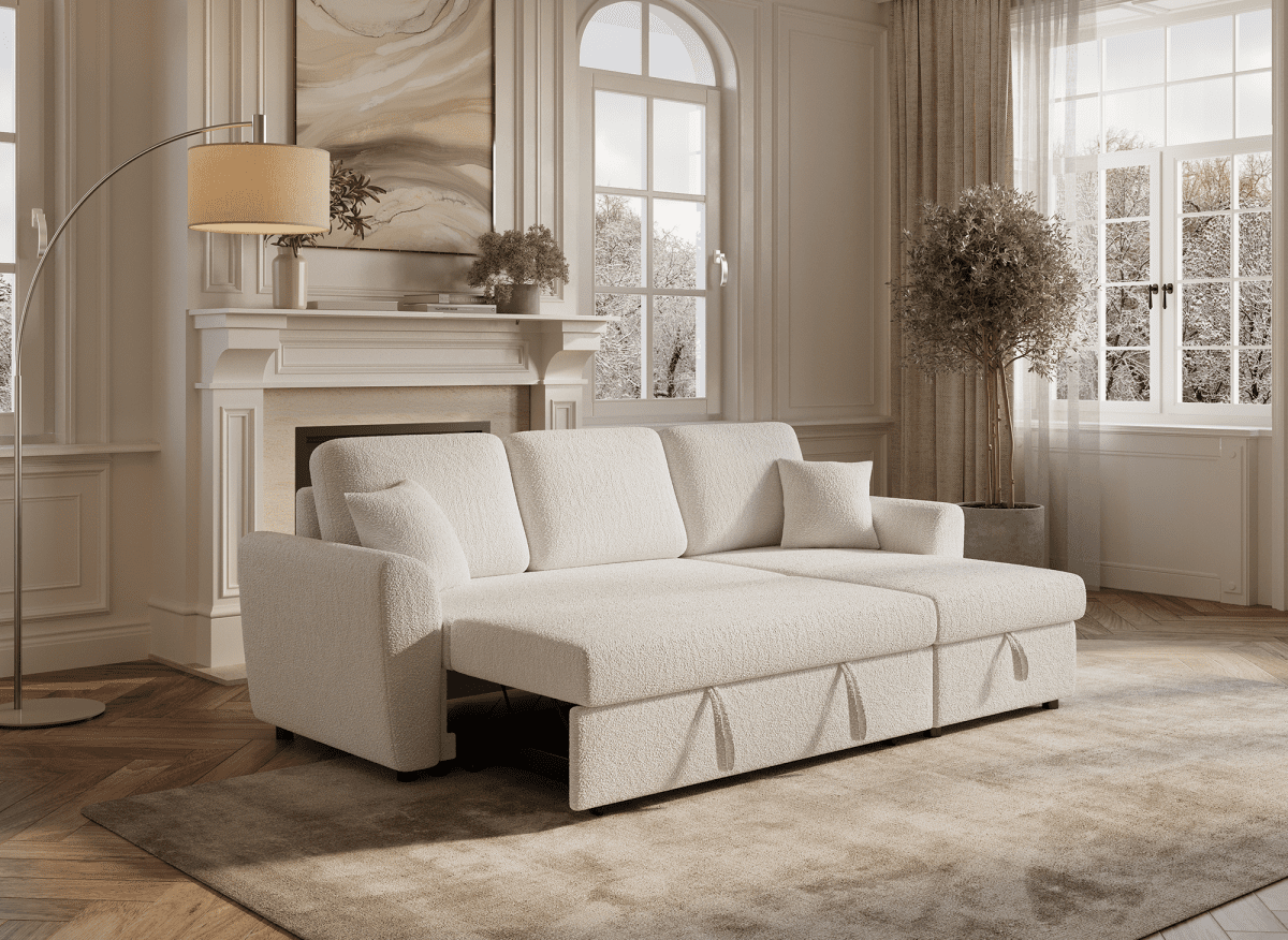 Canapé d'angle convertible et réversible avec coffre en tissu bouclette beige ADRYEN - DécoInParis