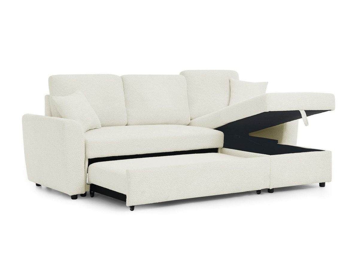 Canapé d'angle convertible et réversible avec coffre en tissu bouclette beige ADRYEN - DécoInParis