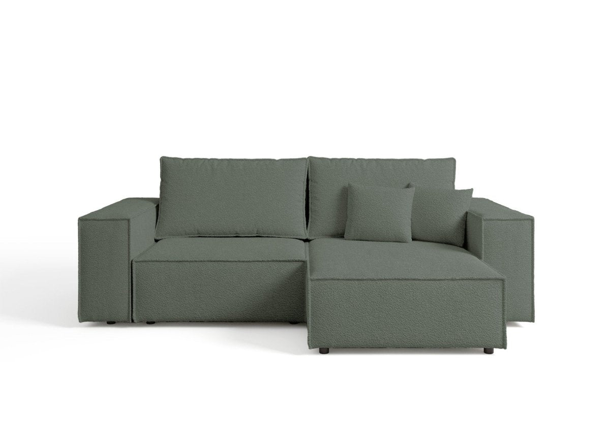Canapé d'angle convertible et réversible avec coffre en tissu bouclette vert kaki JADE MINI - DécoInParis