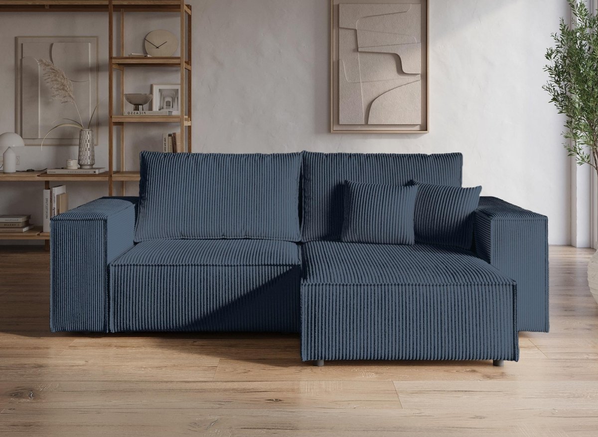 Canapé d'angle convertible et réversible avec coffre en velours côtelé bleu JADE MINI - DécoInParis