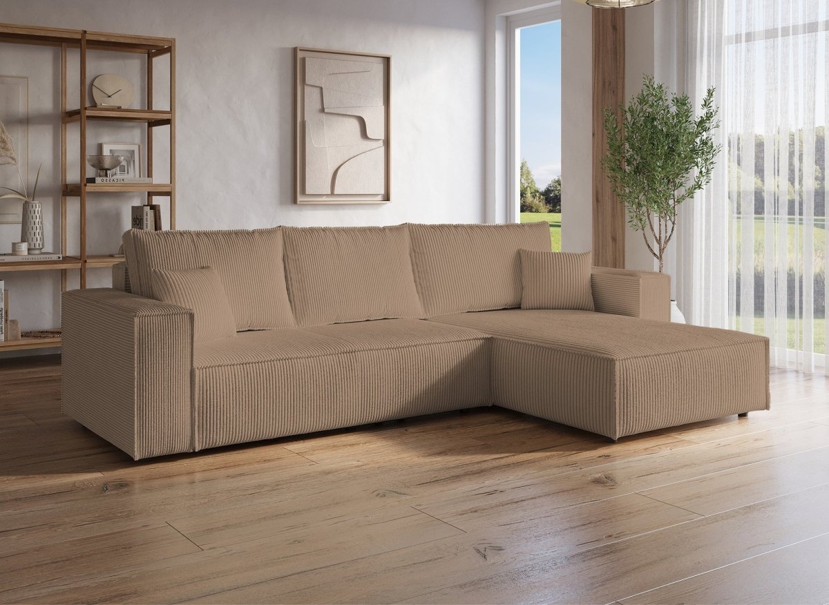 Canapé d'angle convertible et réversible avec coffre en velours cotelé moka JADE - DécoInParis