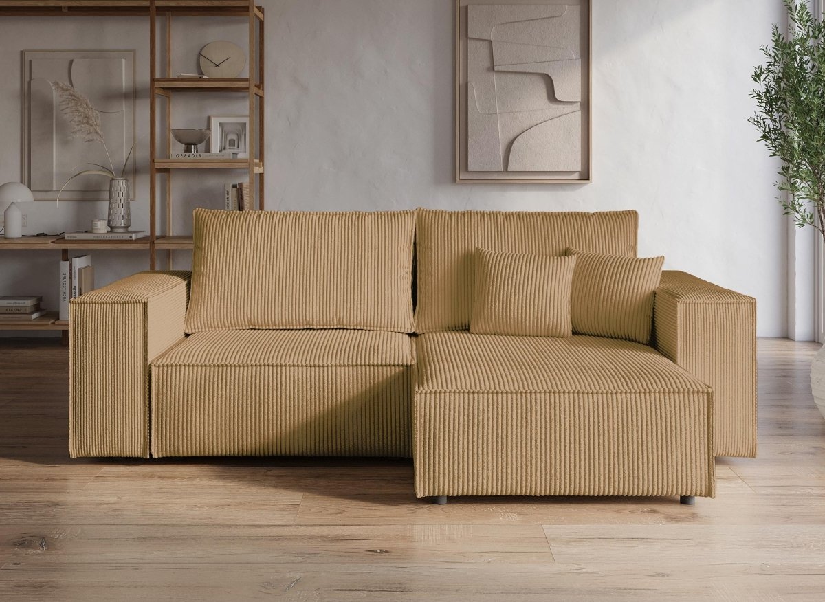 Canapé d'angle convertible et réversible avec coffre en velours côtelé moutarde JADE MINI - DécoInParis