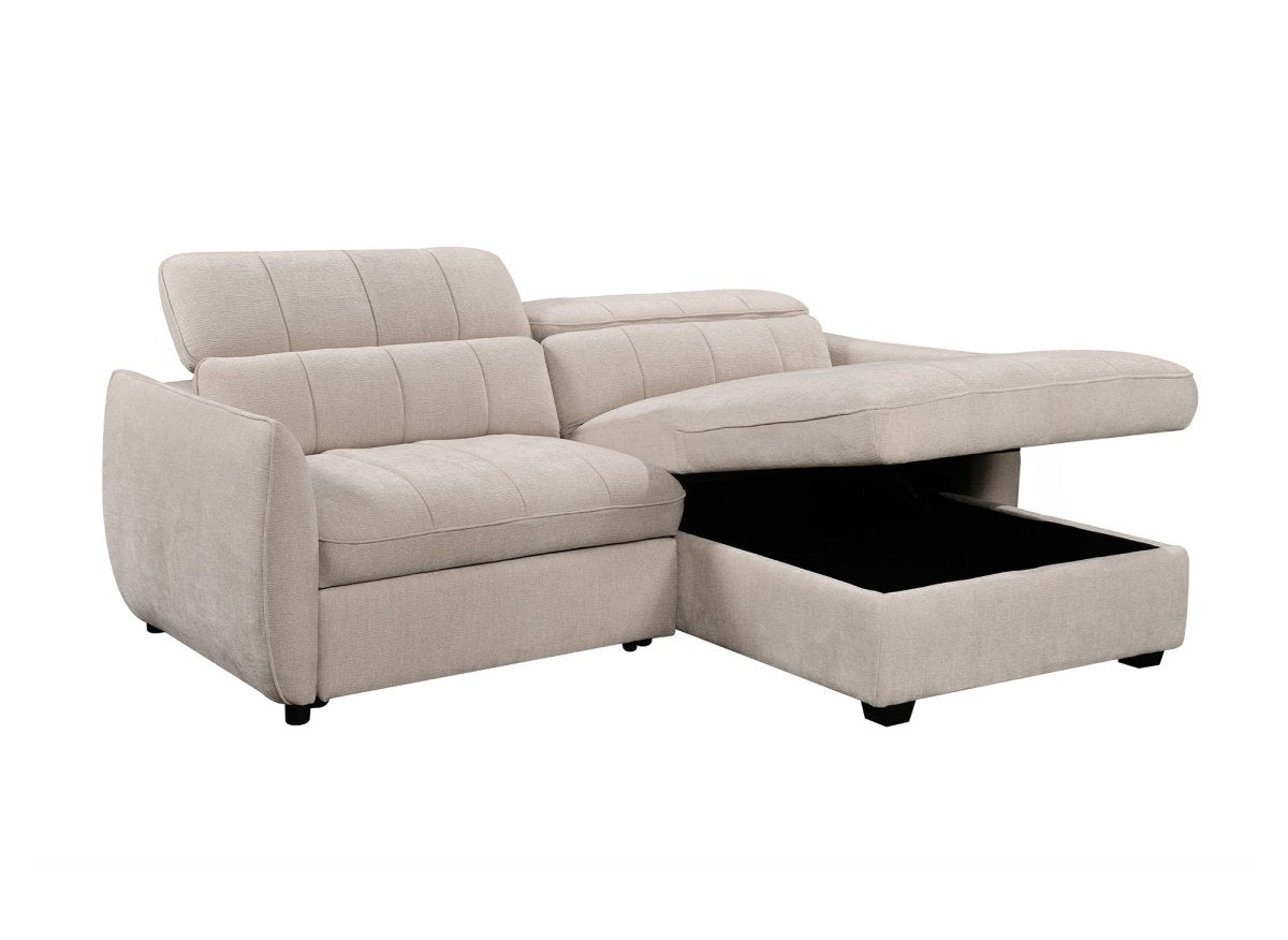 Canapé d'angle convertible et réversible avec coffre en velours tissé beige MADALENA - DécoInParis