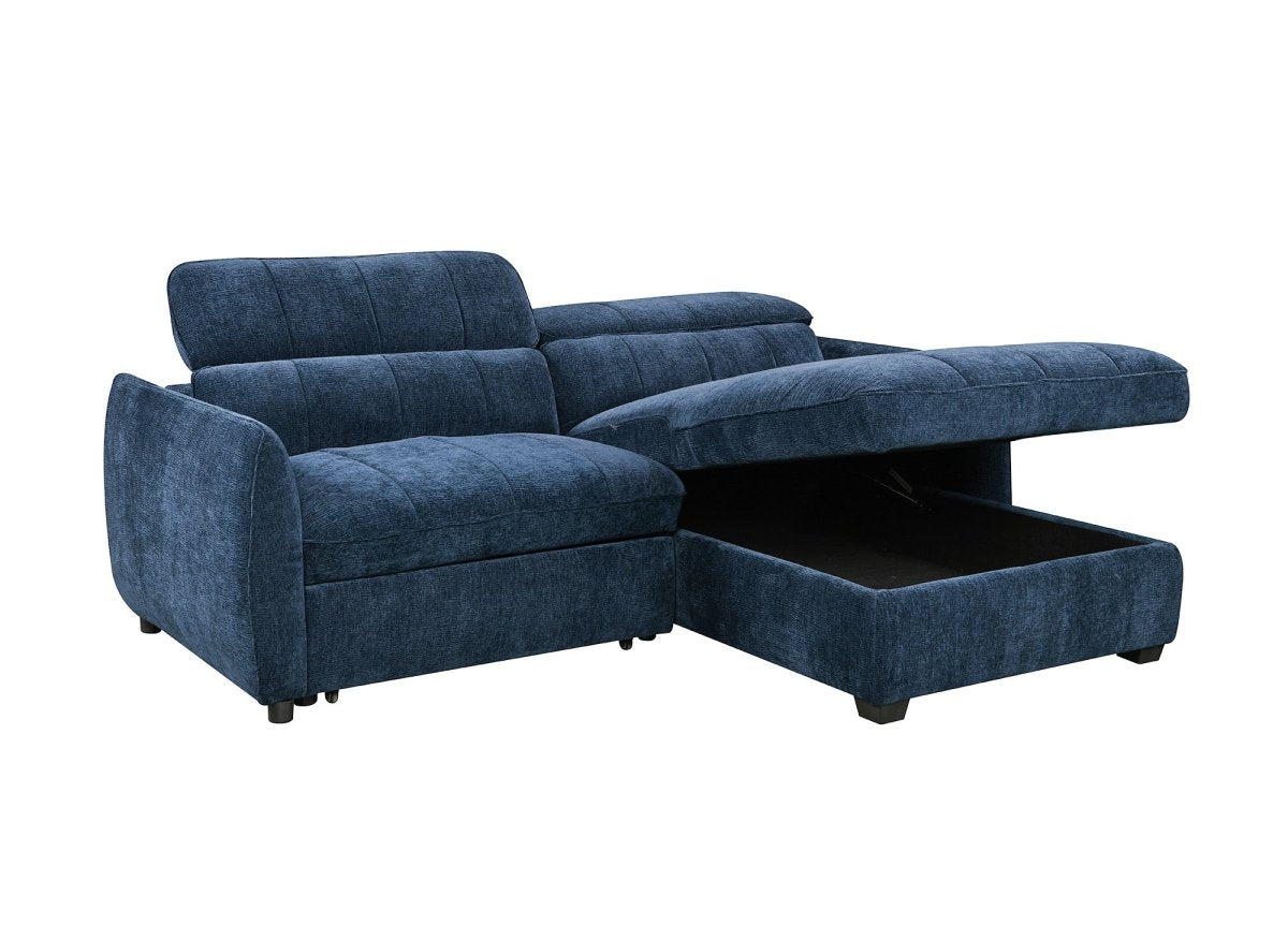 Canapé d'angle convertible et réversible avec coffre en velours tissé bleu MADALENA - DécoInParis
