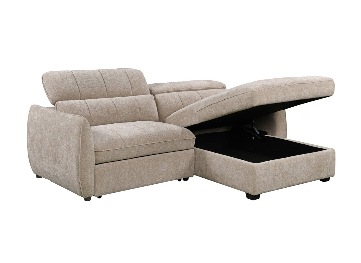 Canapé d'angle convertible et réversible avec coffre en velours tissé taupe MADALENA - DécoInParis