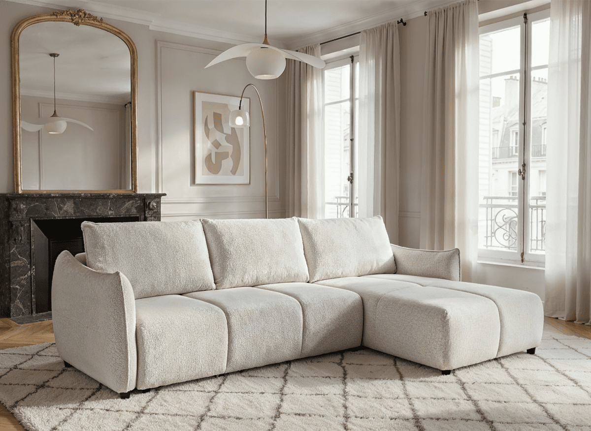 Canapé d'angle convertible et réversible en velours chiné beige MYSA - DécoInParis