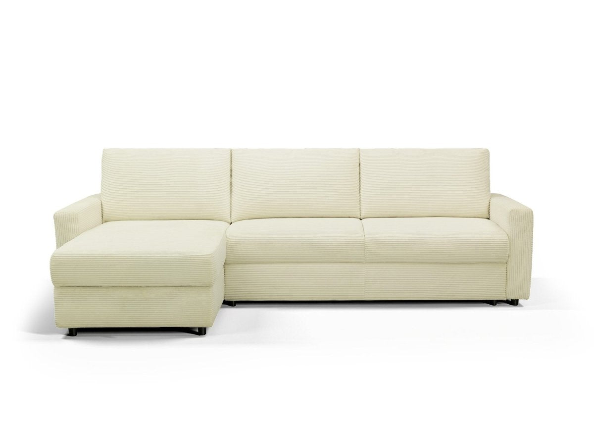 Canapé d'angle convertible et réversible ouverture express en velours chiné beige JULIETTE - DécoInParis