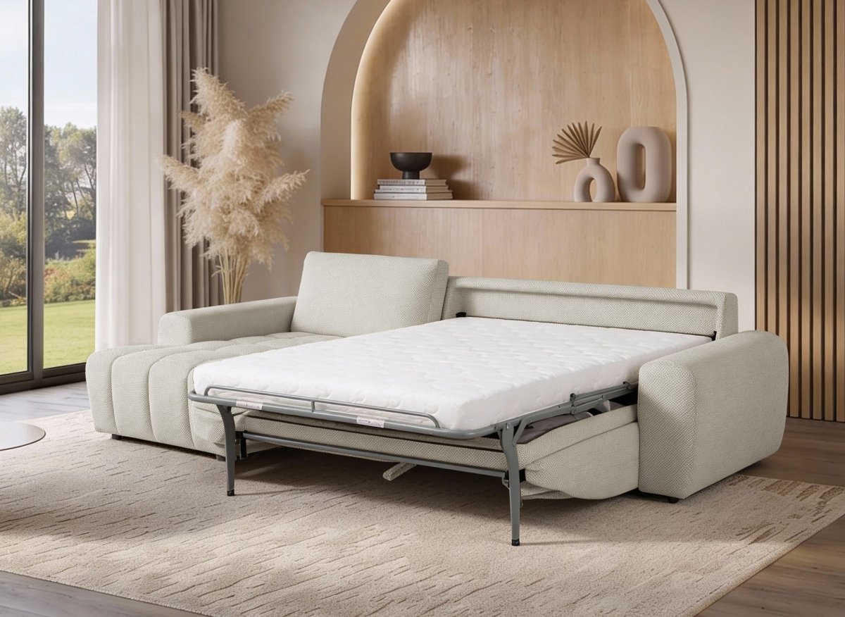 Canapé d'angle convertible ouverture express en tissu beige AGATHE - Angle gauche - DécoInParis