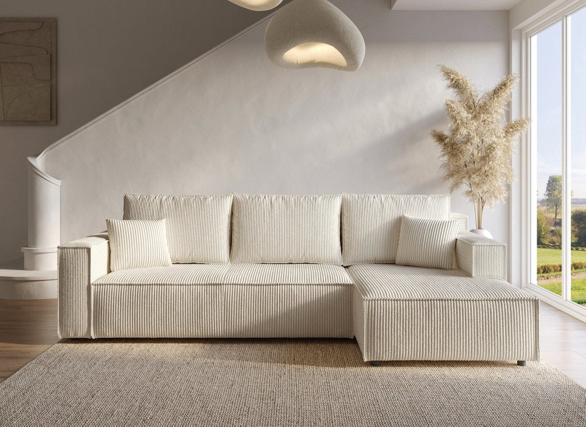 Canapé d'angle convertible réversible avec coffre en velours côtelé beige SYNA - DécoInParis