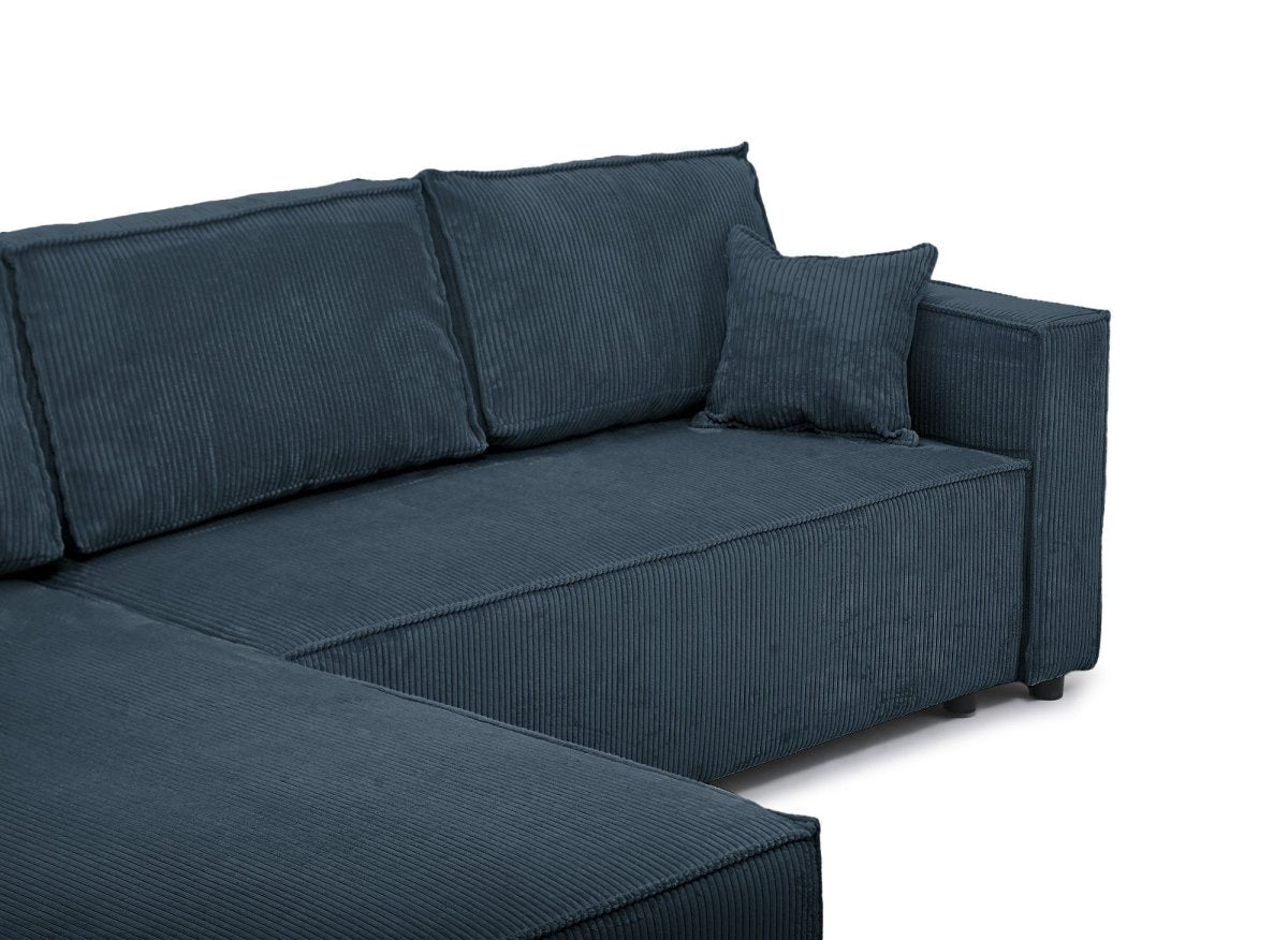 Canapé d'angle convertible réversible avec coffre en velours côtelé bleu SYNA - DécoInParis