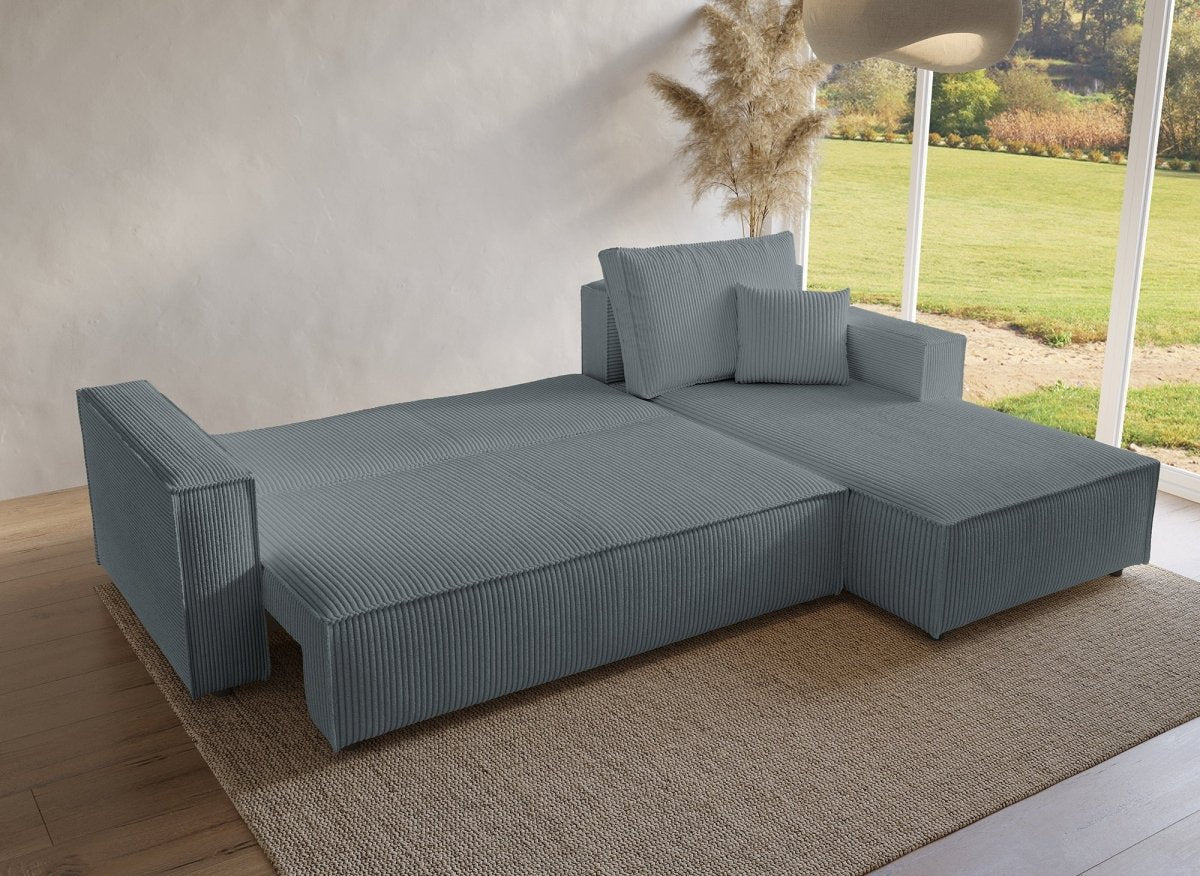 Canapé d'angle convertible réversible avec coffre en velours côtelé gris SYNA - DécoInParis