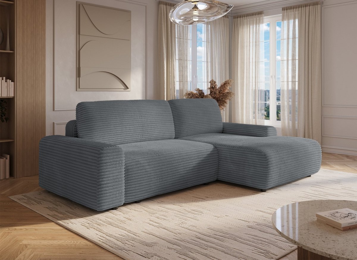 Canapé d'angle droit convertible avec coffre en velours côtelé épais gris foncé BALI - Angle droit - DécoInParis