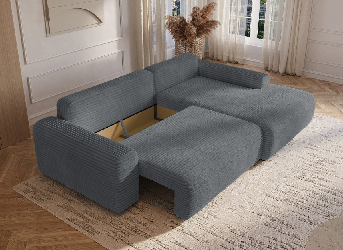 Canapé d'angle droit convertible avec coffre en velours côtelé épais gris foncé BALI - Angle droit - DécoInParis