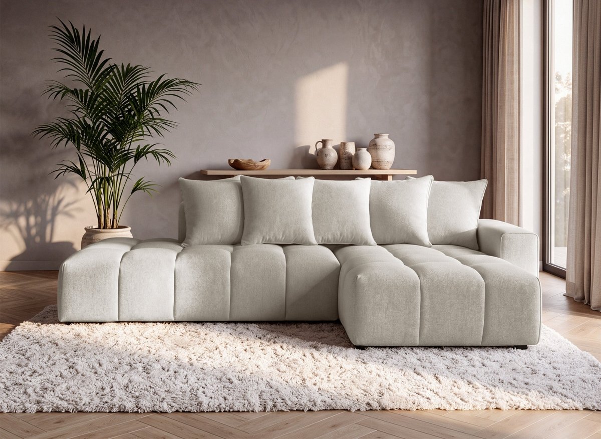 Canapé d'angle en tissu texturé beige CLARISSE - Angle droit - DécoInParis