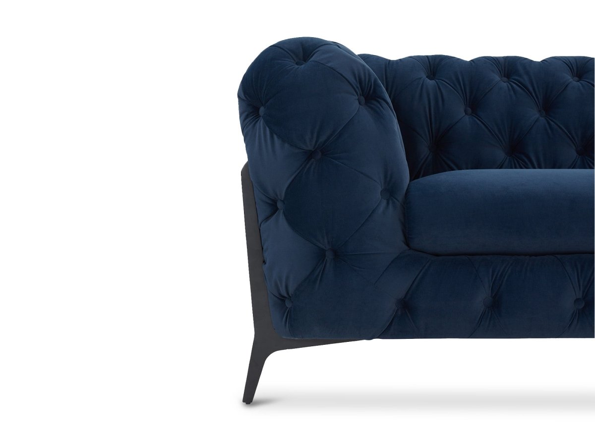 Canapé d'angle fixe capitonné chesterfield velours bleu CARMEN - DécoInParis