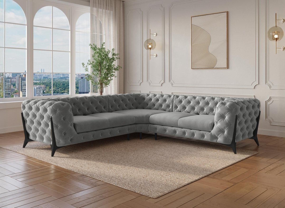 Canapé d'angle fixe capitonné chesterfield velours gris CARMEN - DécoInParis