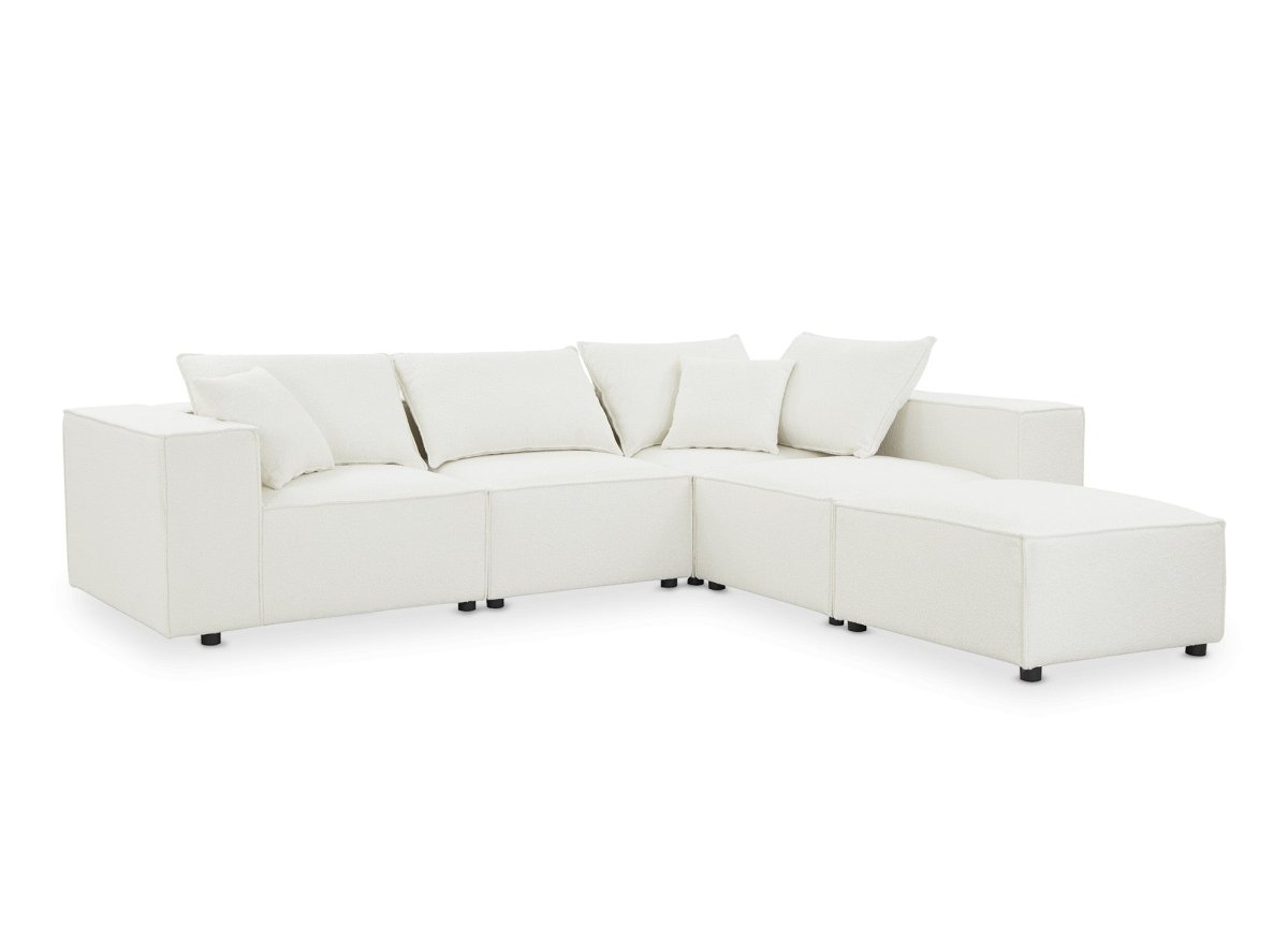 Canapé d'angle fixe modulable avec 1 pouf en tissu effet peau de mouton blanc écru HARLEM XL - DécoInParis