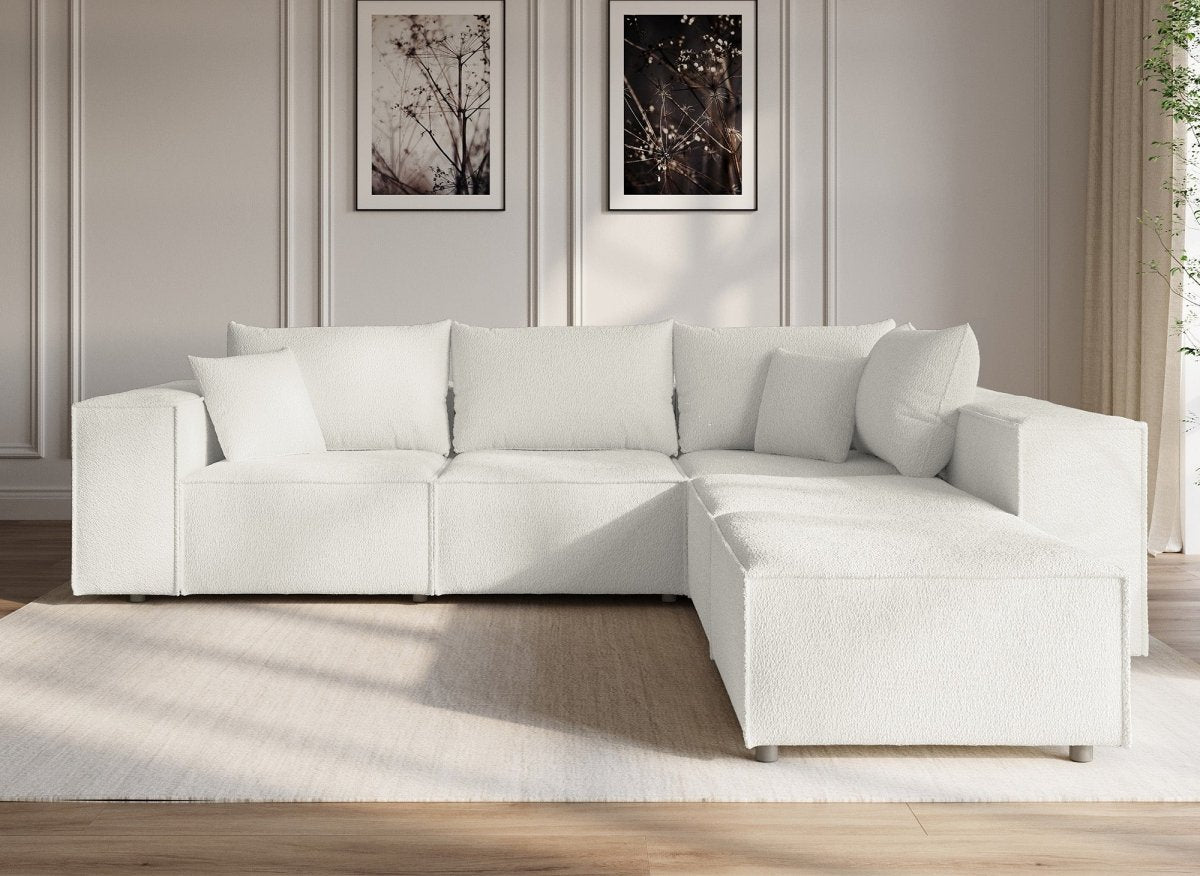 Canapé d'angle fixe modulable avec 1 pouf en tissu effet peau de mouton blanc écru HARLEM XL - DécoInParis