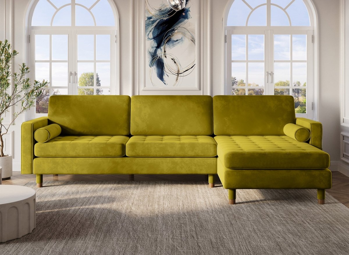 Canapé d'angle fixe scandinave en velours vert doré SALAMBO - Angle Droit - DécoInParis