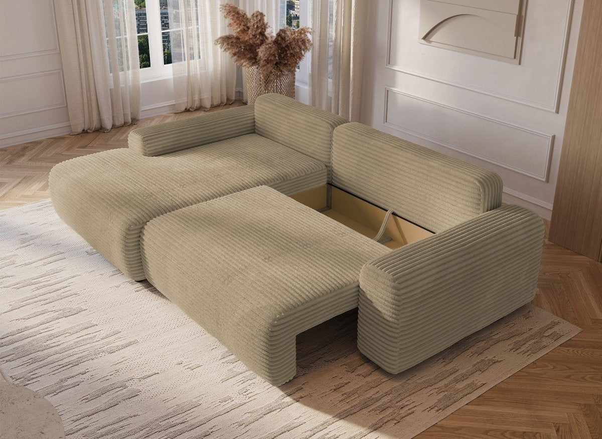 Canapé d'angle gauche convertible avec coffre en velours côtelé épais taupe BALI - Angle gauche - DécoInParis