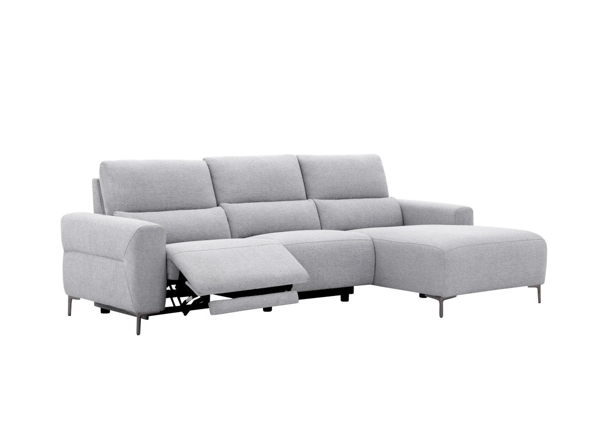Canapé d'angle relax électrique en tissu gris clair RAFAELA - Angle droit - DécoInParis