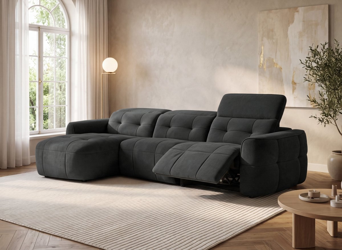 Canapé d'angle relax électrique en tissu gris FERDINAND - Angle gauche - DécoInParis